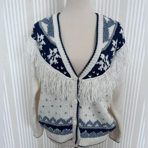 Huntington Ridge Sweaters - Vintage Huntington Ridge 80s Western Cardigan Sweater Small Blue Cream Fringe